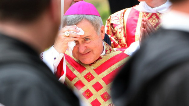 The Most Reverend Robert Carlson wipes his forehead as he battles the 90 degree heat during the Procession of Bishops before becoming the ninth Roman Catholic Archbishop of St. Louis at the Cathedral Basilica of Saint Louis in St. Louis on June 10, 2009. St. Louis will be Carlson's fourth diocese; he most recently served as the bishop of Saginaw, Mich. (UPI Photo/Bill Greenblatt)